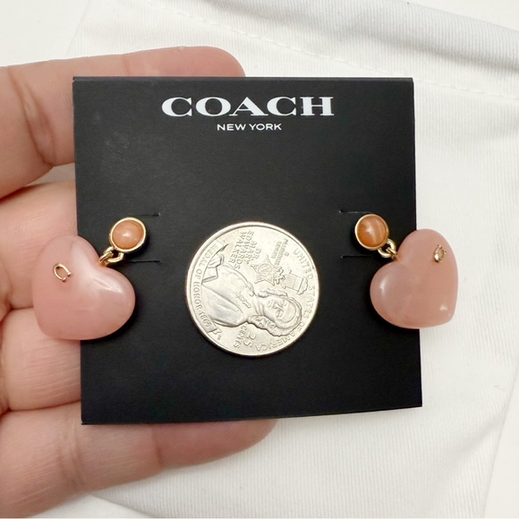 Coach Signature Logo Pink Resin Heart Drop Dangle Earrings Goldtone NEW - Picture 4 of 6